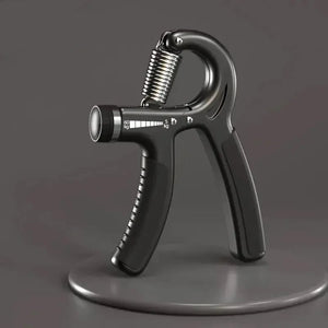 Black hand grip strengthener with weight capacity indicator on a dark background