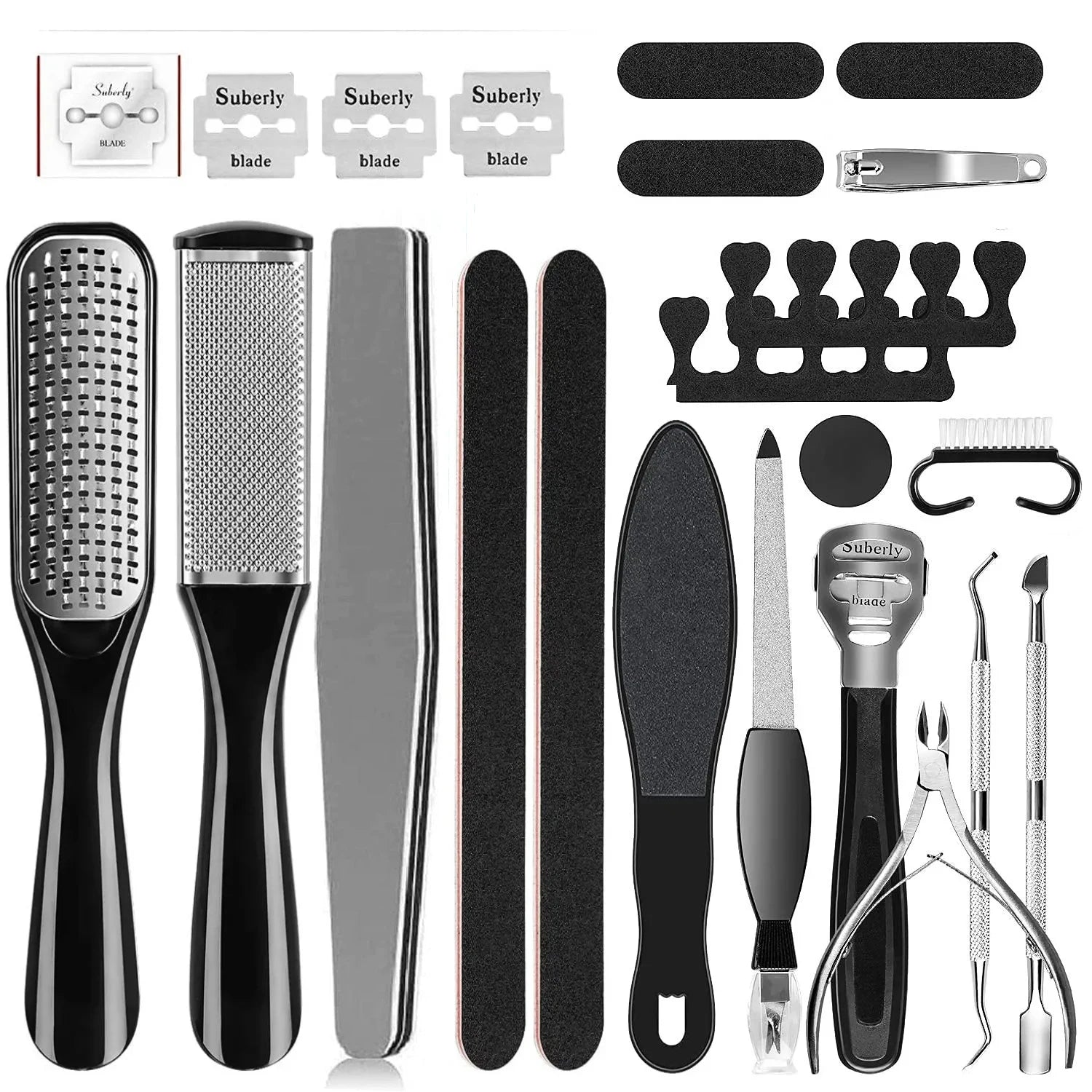 Collection of black and silver pedicure tools on a white background