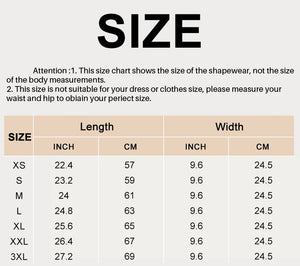Size chart for shapewear showing length and width measurements in inches and centimeters.