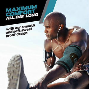 Man stretching with text about maximum comfort and sweat-proof design