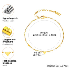 Gold plated stainless steel heart anklet bracelet for women delicate adjustable foot jewelry