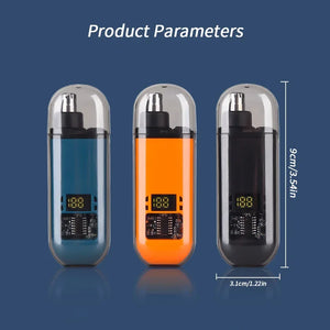 Three Electric Nose & Ear Hair Trimmer for Men with digital displays on a blue background, showing product parameters.