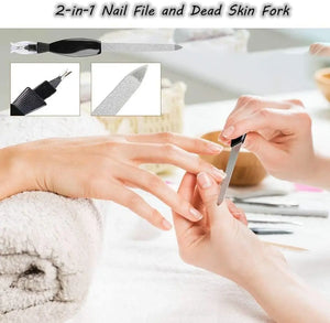 2-in-1 nail file and dead skin fork being used on a person's hand with a blurred background.