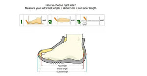 Diagram showing how to measure a child's foot size with a shoe and ruler illustration.