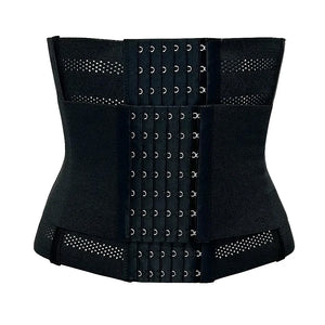 Black waist trainer with metal hooks on a white background