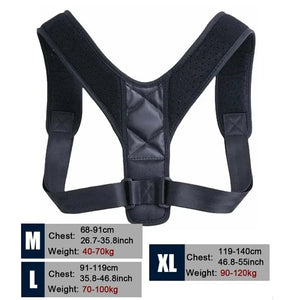 Breathable back support strap for shoulder alignment and daily posture comfort with size chart on a white background