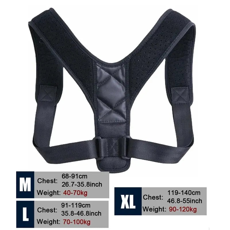 Breathable back support strap for shoulder alignment and daily posture comfort with size chart on a white background