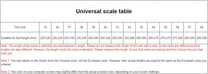 Universal scale table for shoe sizes with measurements and foot length guidelines.