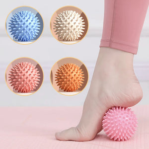 Person using a pink spiked massage ball on their foot with inset images of other colored spiked balls.