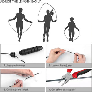 Instructions for adjusting a jump rope length with step-by-step visuals.