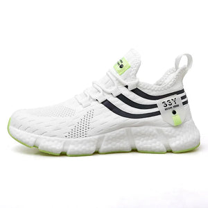 White sneaker with black stripes and green accents on a white background