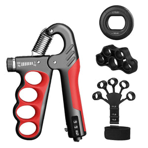 Hand grip strengthener with accessories on a white background
