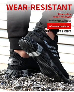 Black knit slip-on shoes with rugged treaded soles, shown on a person's feet standing on gravel with promotional text overlays reading 'WEAR-RESISTANT' and 'Safe new experience'.