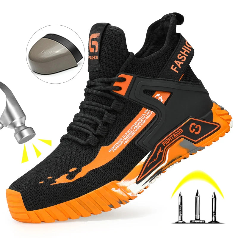 Black and orange safety shoes with a close-up of a nail and a hammer on a white background