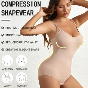 Woman wearing compression shapewear with text highlighting its benefits on a light gray background