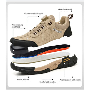 Beige work shoe with features highlighted on a white background