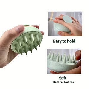 Green scalp massager held in a hand with close-up insets showing its texture and ease of use.