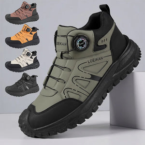 A pair of mid-top outdoor hiking shoes with a dial closure, shown in olive green and black. Four smaller color variants are displayed in a vertical row on the left.