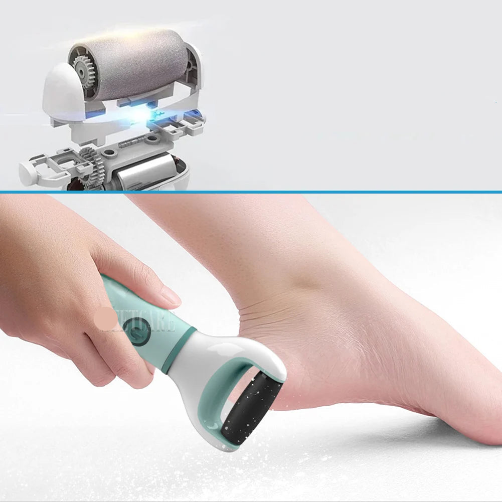 Foot care tool with text 'High speed, one-click operation' on a white background