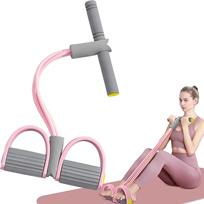 Pink and gray resistance band with a woman using it on a white background