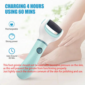 Foot grinder being used on a foot with text about charging time and usage instructions.