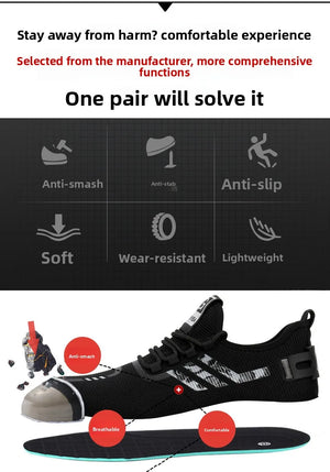 Black knit slip-on athletic shoe with integrated insole, shown on a white background with feature callouts and a dark feature-panel graphic above. Text highlights anti-smash, anti-slip, soft, wear-resistant, and lightweight benefits.