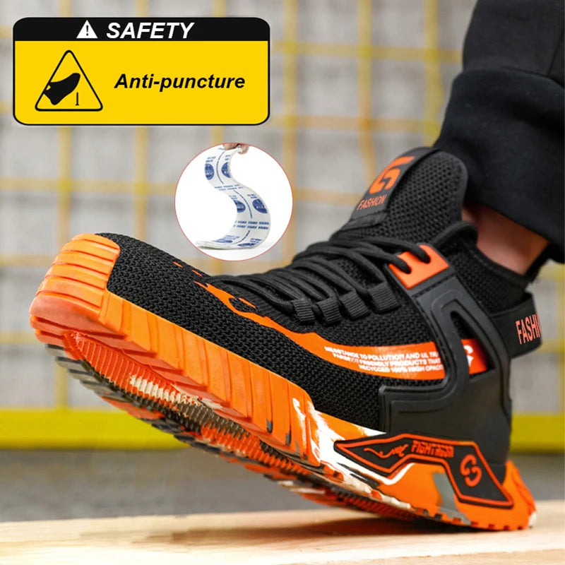 Black and orange safety shoe with anti-puncture feature on a blurred background