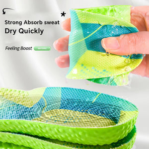 Green and blue mesh shoe liner with text on absorbent properties