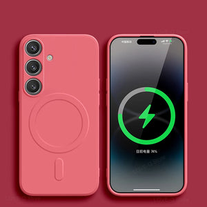 Pink phone case with charging icon on a red background