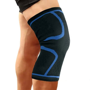 Black knee brace with blue accents on a person's leg against a white background