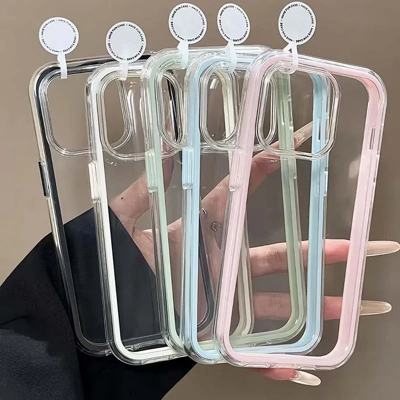 Clear phone case with gradient colors held by a hand against a neutral background