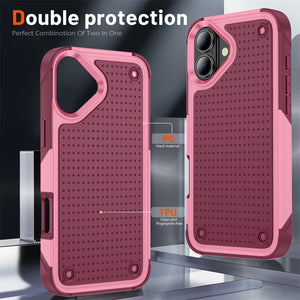 Pink iphone case with text 'Double protection' on a reflective surface.