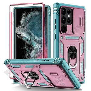 Pink and teal Heavy duty Samsung Galaxy case with ring holder on a white background