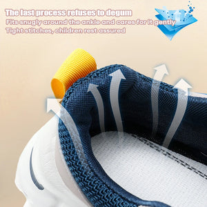 Close-up of a shoe with blue lining and yellow ankle support, featuring text about product features.
