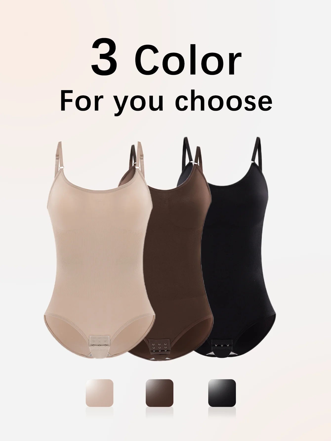 Three Women Shapewear Bodysuit in beige, brown, and black with text '3 Color For you choose' on a white background.