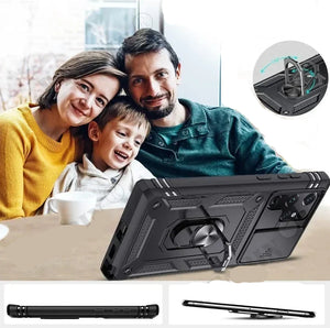 Heavy duty Samsung Galaxy case with metal ring kickstand on a background of a family, highlighting its 360-degree rotatability.