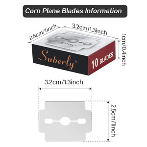 Corn plane blades with dimensions and Suberly branding on a white background