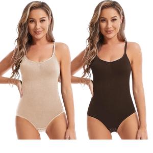 Two Women Shapewear Bodysuit beige and brown bodysuits on a white background.