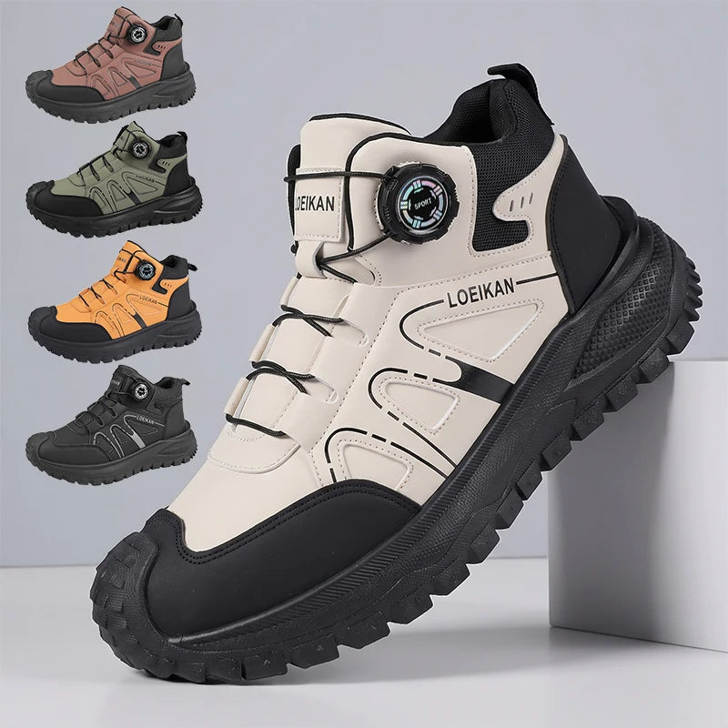 Men's high-top buckle boots with bonded leather upper, chunky thick PVC sole, and rotary buckle fastening in black, beige, brown, green, and dark khaki.