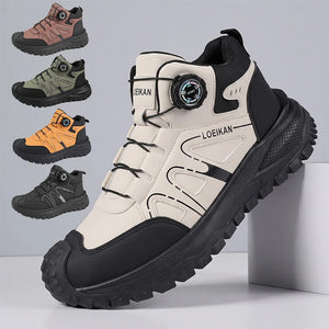 Men's high-top buckle boots with bonded leather upper, chunky thick PVC sole, and rotary buckle fastening in black, beige, brown, green, and dark khaki.