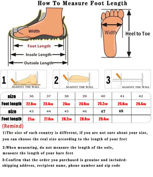 Chart showing how to measure foot length with illustrations and a size chart.