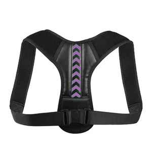 Black Adjustable upper back support strap for shoulder alignment and daily posture comfort with purple accents on a white background