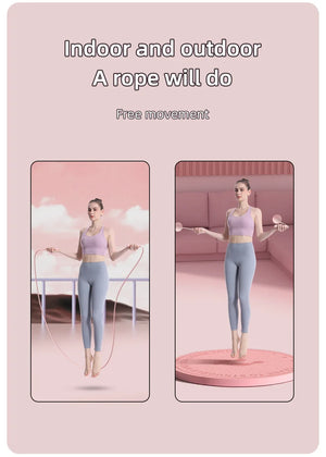 Two images of a woman exercising with a Smart jump rope and on a trampoline against a pink background.