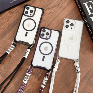 Strap Magnetic Clear Cases for iPhone 11-17 Pro Max with Crossbody Lanyard Cord Shockproof Cover