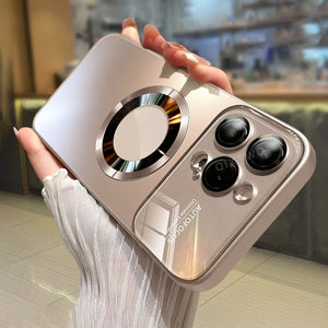Luxury Glass Camera MagSafe Magnetic iPhone Case Wireless Charging by a person in a blurred indoor setting