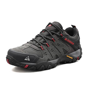 A HikeUp outdoor hiking shoe in dark gray and black with red accents, shown from a three-quarters angle on a white background.