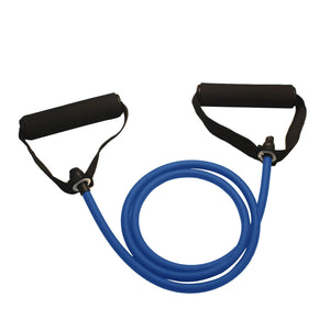 Blue resistance band with black handles on a white background, labeled '25LB Suitable for men'.