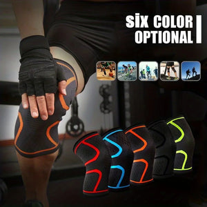 Person wearing a black knee brace with six color options displayed below.