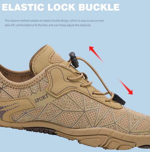 Tan sneaker with elastic lock buckle on a light blue background
