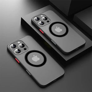 Two black Matte armor magnetic iPhone case compatible with MagSafe on a dark background